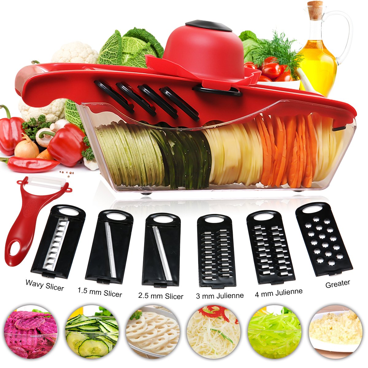 Mandoline Slicer Vegetable Cutter Grater Chopper with 6 Interchangable Stainless Steel Blades, Shredder, Peeler, Safety Food Holder, Food Container, Item# BLO12111