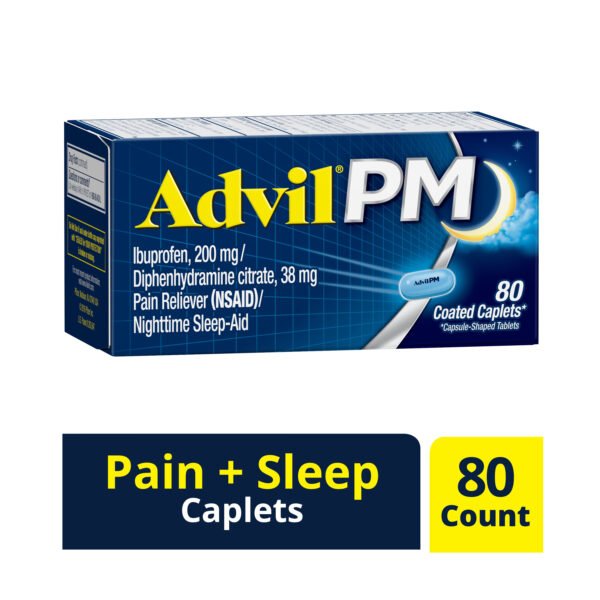 Advil PM (80 Count) Pain Reliever / Nighttime Sleep Aid Caplet, 200mg Ibuprofen, 38mg Diphenhydramine, Item# BLO12306