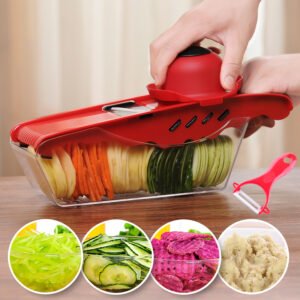 Mandoline Slicer Vegetable Cutter Grater Chopper with 6 Interchangable Stainless Steel Blades, Shredder, Peeler, Safety Food Holder, Food Container, Item# BLO12111