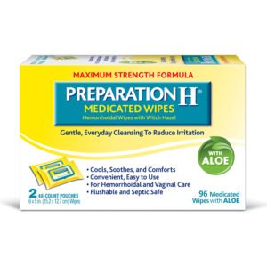 Preparation H Hemorrhoid Flushable Medicated Wipes, Maximum Strength Relief with Witch Hazel and Aloe, Pouch (2 x 48 Count, 96 Count), Item# BLO12318